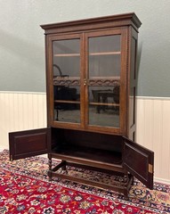 Antique English Bookcase Bookshelf Cabinet Double Door Barley Twist Oak c.1930s