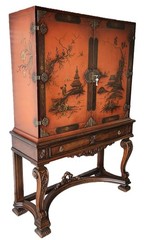 Cabinet on Stand, Chinoiserie, Japanned, Console Base China, Asian, Walnut,66″t