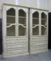 PAIR Baker / Milling Road Provincial Cabinets; Antiqued Finish & Grillwork Doors