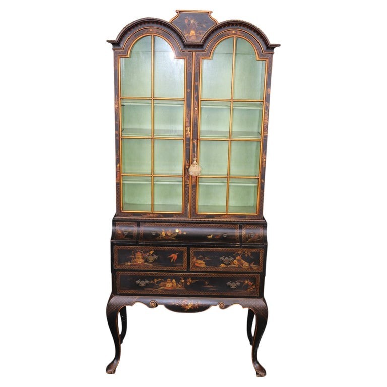 Chinoiserie Ebonized and Paint Decorated Georgian Style 1960’s China Cabinet