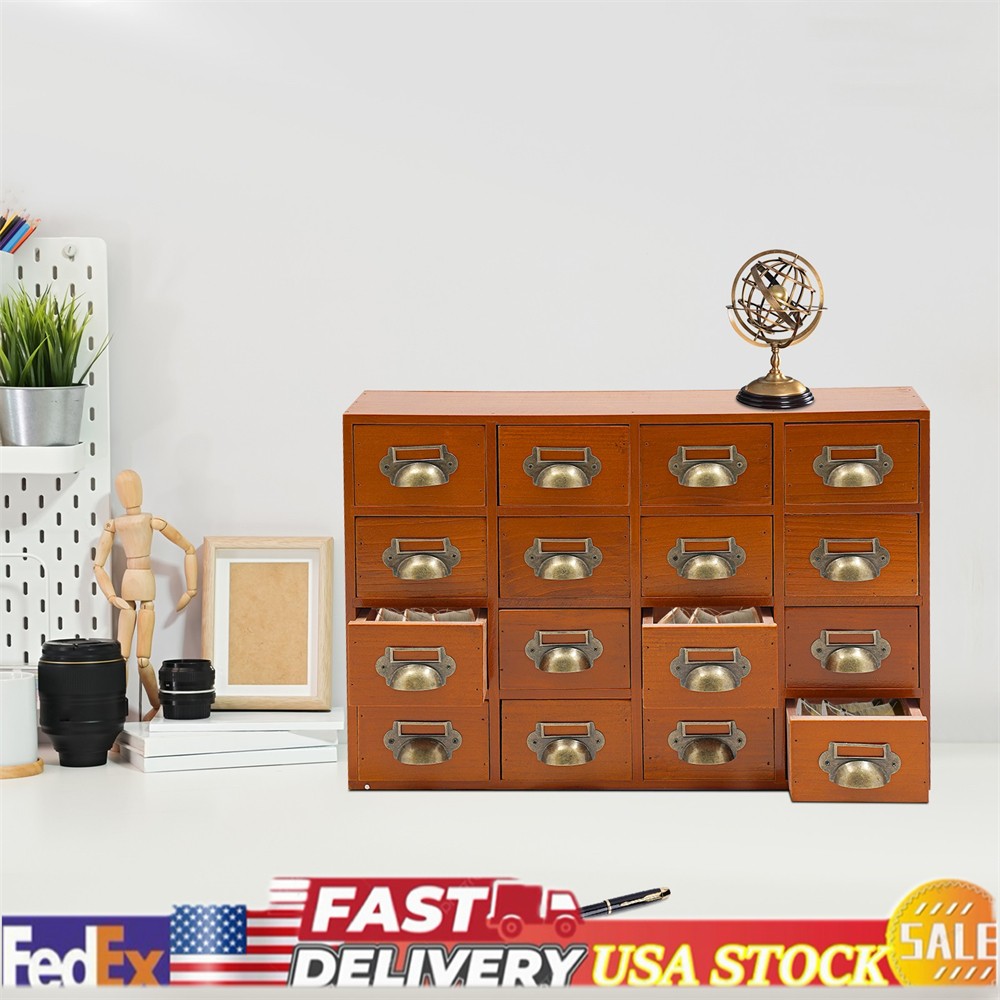 16 Drawers Tabletop Library Card Catalog Cabinet Vintage Apothecary Storage Box