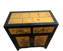 Mid Century Chinese Console Cabinet, Two Drawers Chinoiserie Hand Painted Flower