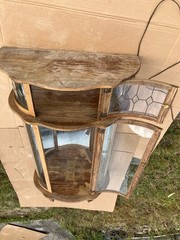 Vintage Oak Curio Cabinet with 3 Glass Shelves Lights Curved Glass late 40s 50s