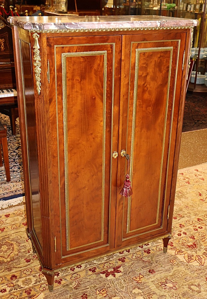 19th Century Marble Top Bronze & Plum Pudding Mahogany Cabinet By L. Cueunieres