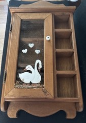 Vintage Country Wall Organizer Cabinet Wood Mesh Door Swan Decor Trinket Shelf