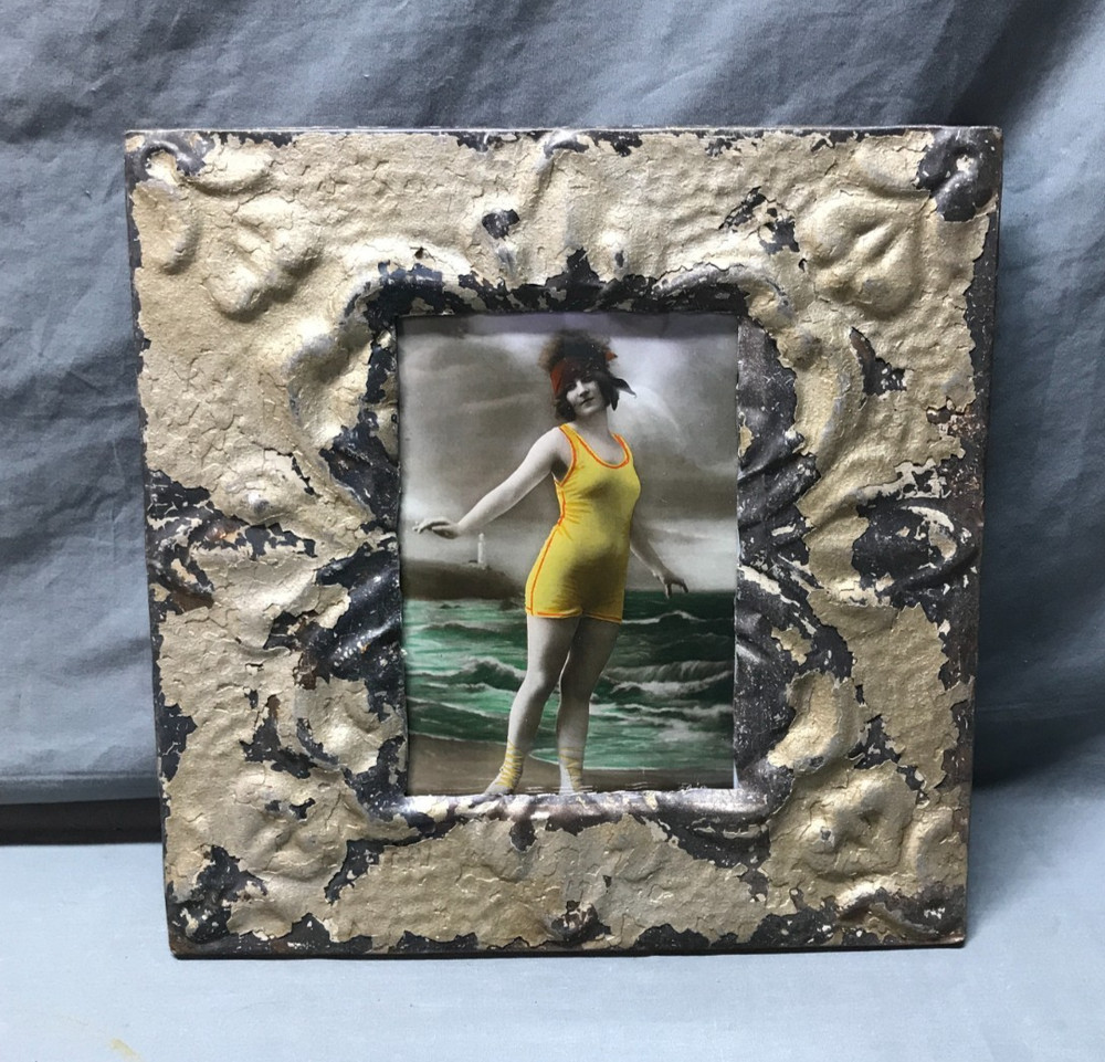 VTG Shabby 11″ Sq. Photo 5×7 Tin Ceiling Metal Pewter Picture Frame Old 1726-25B