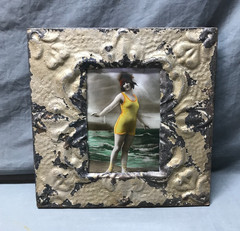 VTG Shabby 11″ Sq. Photo 5×7 Tin Ceiling Metal Pewter Picture Frame Old 1726-25B