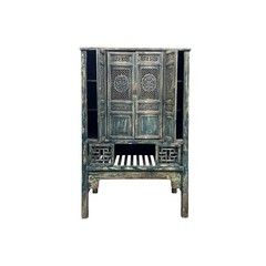 Vintage Distressed Teal Blue Oriental Carving Storage Cabinet ws4991