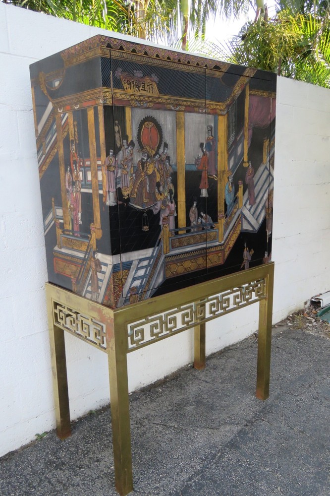 Maitland Smith Hand Painted Chinoiserie Cabinet Cupboard on Brass Stand 5442