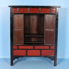 Antique 19th Century Chinese Red Lacquered Cabinet With Flowers