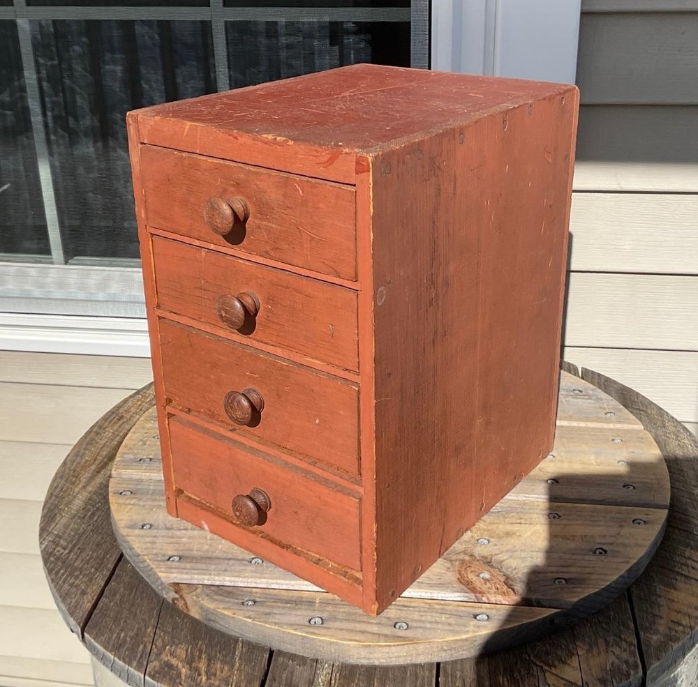 Antique Wood Cabinet Small Table Top Chest of 4 Drawers Salmon Storage Box 13″ H
