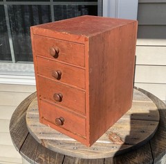 Antique Wood Cabinet Small Table Top Chest of 4 Drawers Salmon Storage Box 13″ H