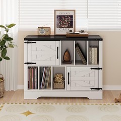 39″ Vinyl Record Storage Stand W/ Doors, Farmhouse Mid-Century Turntable Cabinet