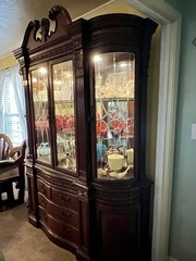 Large Mahogany Breakfront China Hutch Cabinet~Lighted~Mirrored Back~2-Piece