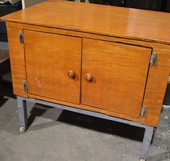 Vintage Wooded Rolling Cabinet Home OFFICE Doors METAL BASE Legs Industrial