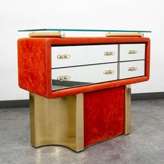 Mid Century Modern Chest Entryway Cabinet Mirrored Glass Orange Velvet Italy