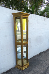 Hollywood Regency Tall Narrow Antique Gold Display Shelf Cabinet 6066