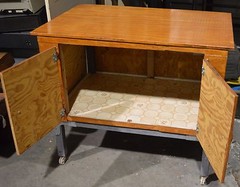 Vintage Wooded Rolling Cabinet Home OFFICE Doors METAL BASE Legs Industrial
