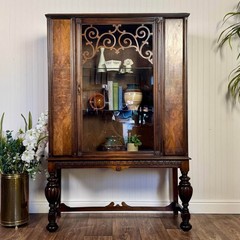 1930s Jacobean Revival Burl Walnut Display Cabinet