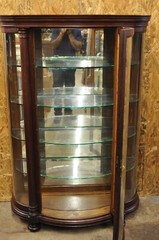 Antique American Empire Victorian Oak Wood Bowed Glass China Cabinet Curio