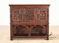 Antique Neo-Gothic Carved Oak Sideboard Server With Figural Panels