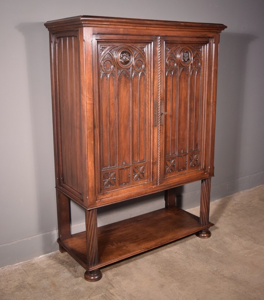 Large Antique French Gothic Revival Cabinet Highly Carved in Walnut Wood