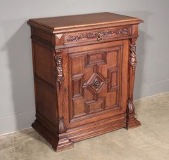 French Antique Renaissance Revival Solid Oak Wood Bar Cabinet with Carvings