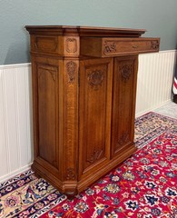 Antique French Double Door Cabinet Cupboard Carved Honey Oak Drawer early 20th