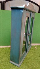 Vtg Farmhouse Teal Wall Curio Cabinet Glass Door Display Distressed Shabby Chic