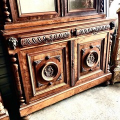 Rare LG Matching Pair Antique French Walnut Hutches Carved Cameos Lions Columns
