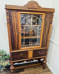 1920’s Jacobean Victorian Display Cabinet With Leaded Glass