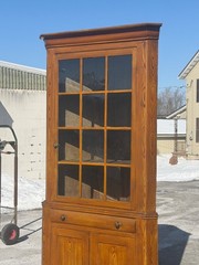 Antique small corner cupboard cabinet grained paint primitive berks 12 light 19t
