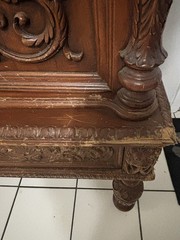 Antique Brown Carved Wood Cabinet, 2 Raised Panel Doors & 2 Drawers 40x24x58