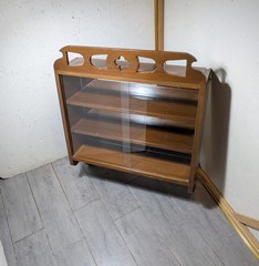 Vintage Art Deco Gothic Tudor Wall Curio Cabinet Shelf Sliding Doors Quatrefoil