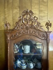 Antique Carved Wood Display Cabinet Glass Door Key Floral Bird Carvings