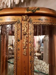 Antique Hand Painted Roses Wooden Curved Glass Curio Cabinet w/ Ormolu Trim