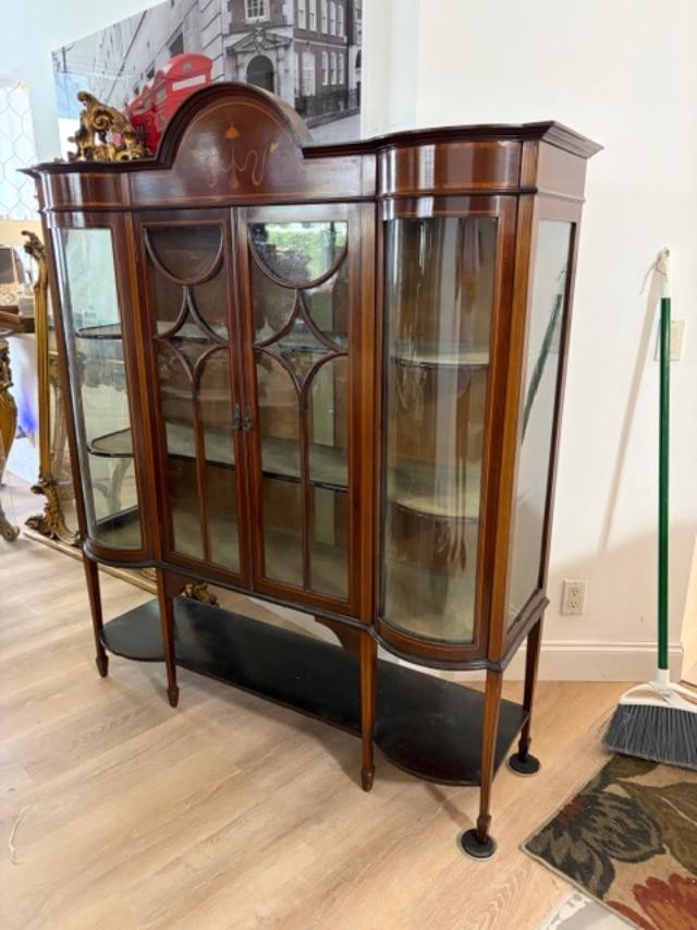 Antique English Mahogany Display Cabinet , Satinwood Inlay.