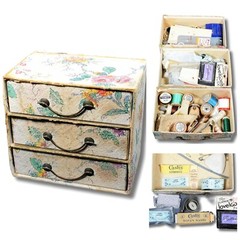 MID-CENTURY Floral 3-Drawer Sewing Set Kit: CONTENTS FULL Boudoir Shabby Country