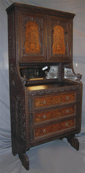 ANTIQUE HEAVILY CARVED JACOBEAN REVIVAL STYLE CABINET SIGNED EDWARDS & ROBERTS