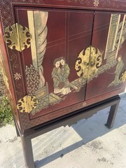 Vintage Hand Painted Red Lacquer Asian Oriental Cabinet Table Made in Spain