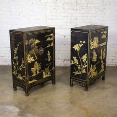 Pair of Japanese Textured Black Lacquer Chests w/Hand Painted Asian Details