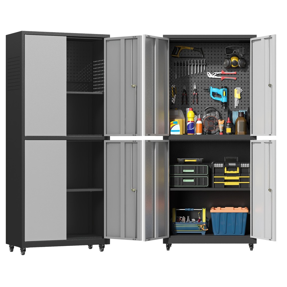 Black Gray Heavy-Duty Metal Garage Cabinet With Wheels And Tool Doors