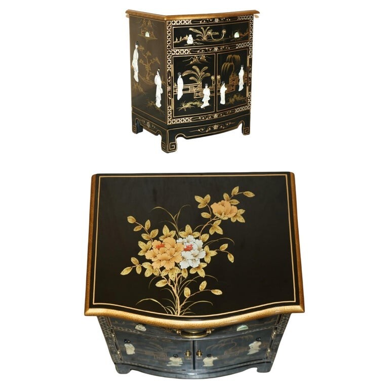 DECORATIVE CHINESE CHINOISERIE GEISHA GIRLS LACQUER SIDE CABINET SOAPSTONE