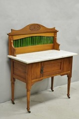 Antique English Arts & Crafts Birch Wood Green Tile Backsplash Washstand Server