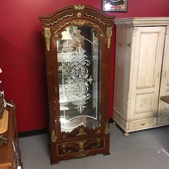Ornate Burl Walnut French Style Display Cabinet With Brass Accents Glass Shelves