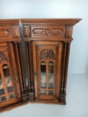 pair Stunning Antique Corner Cabinets Hand Carved Wood right left corner with s