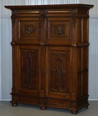 RARE DUTCH STUNNING 1940’S ORNATELY HAND CARVED CUPBOARD PART LARGE OFFICE SUITE