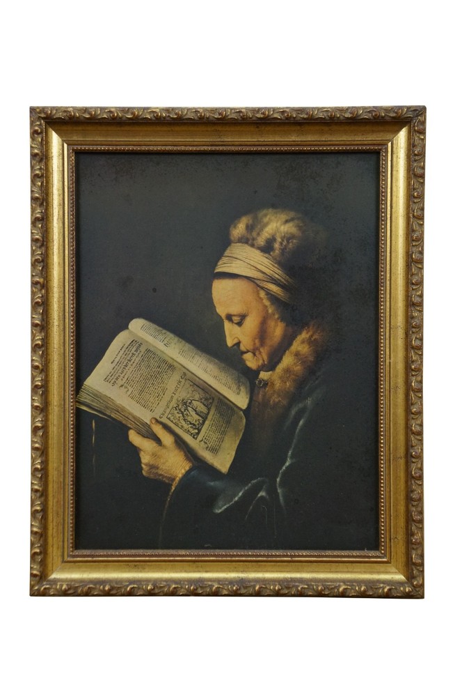 1976 Old Woman Reading a Lectionary Portrait Print on Board after Gerrit Dou 13″