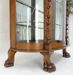 Solid Tiger Oak Curved Glass China Cabinet Carved Claw Feet Lion Heads MINT!