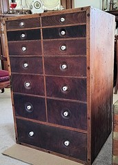 RARE Antique Printer Document Parts Photo Cabinet 12 Drawers Porcelain Burl Wood